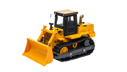 Fototapeta premium Yellow toy bulldozer with gray tracks on a black background