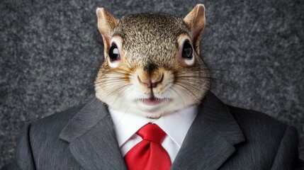 A squirrel wearing a suit and tie, posing formally against a grey textured background. The image is a whimsical and humorous concept.