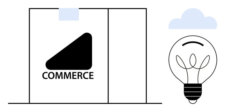 Delivery package with e-commerce logo, cloud, and glowing lightbulb representing technology, innovation, and online solutions. Ideal for retail, logistics, business, technology creativity digital