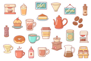 Kawaii Coffee Shop Clipart Bundle – 25 Pastel Home Café Stickers, Barista Elements, Coffee Maker, Cups, Donuts, Grinder