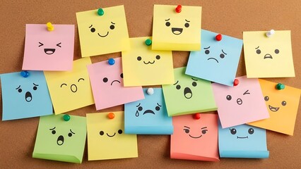 Colorful Sticky Notes with Expressive Emoji Faces on Brown.