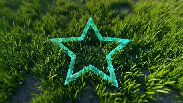 A glowing, turquoise star shape sits embedded within vibrant green grass, creating a striking contrast.