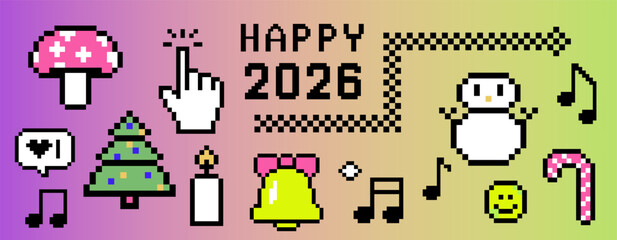 Pixel-art vector illustration bursting with retro 8-bit festive icons and a giant cursor hand pointing to bold &ldquo;HAPPY 2026&rdquo; text. Nostalgic New Year celebration vibe. Set of pixelated graphics.