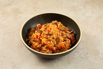 A view of a plate of jambalaya.