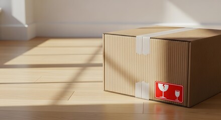 Corrugated cardboard delivery box with fragile label on a bright wooden floor, bathed in warm sunlight, for shipping and home delivery concept