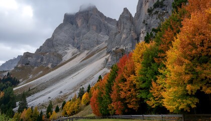 Mountain landscape showing the contrast between colorful trees and grey rock.