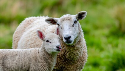 A white mother sheep and her adorable lamb standing in a meadow