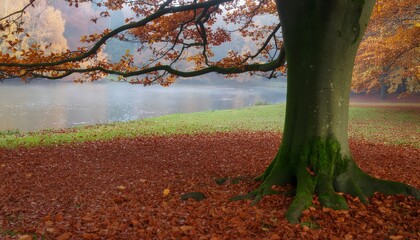 Reflections on a quiet lake surrounded by warm, golden autumn colors