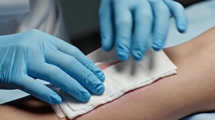 Healthcare professional applying a sterile wound dressing to a patients arm.