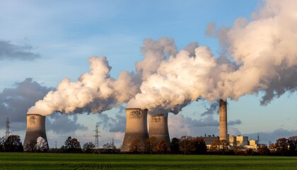 Massive cooling towers of a power plant releasing steam into the blue sky