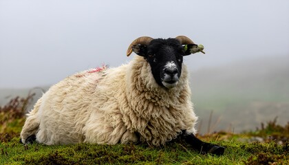 A large, black-faced sheep with horns resting in the foggy highlands