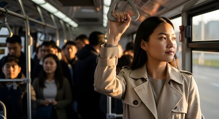 Young Asian woman standing in a crowded bus, holding a handle and looking out the window during golden hour for an urban commute concept and daily journey
