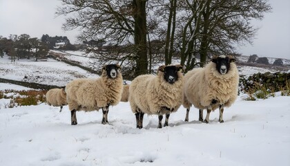 Hardy black-faced sheep standing in deep snow during wintertime