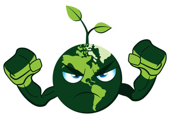 Angry Earth Cartoon with Plant Sprout and Muscular Arms Symbolizing Environmental Strength and Action