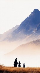 Silhouette of a family walking on a grassy field with mountains in the background, creating a serene and peaceful atmosphere.