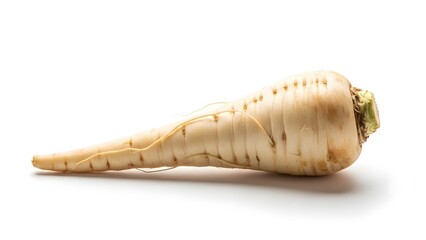 Close-up of a fresh, raw parsnip, a creamy white root vegetable, highlighting its natural texture and tapered shape, isolated on a stark white background for culinary display