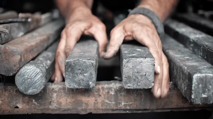 Medium shot showing an artisan handling recycled steel billets emphasizing sustainable practices in the forging industry.