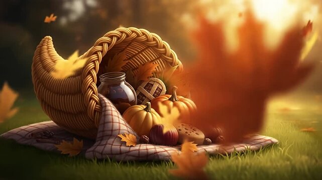 A cornucopia overflowing with autumn harvest on a picnic blanket in a sunny park.