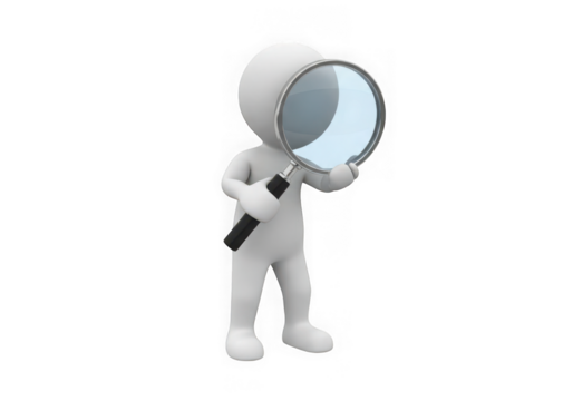 White 3d character holding a magnifying glass and a smartphone isolated on transparent background - Powered by Adobe
