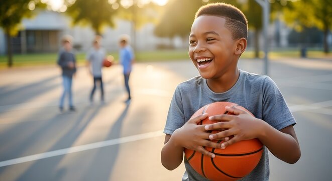 Young African American boy laughing with a basketball on an outdoor court, friends playing in background, for childhood joy and healthy lifestyle concept