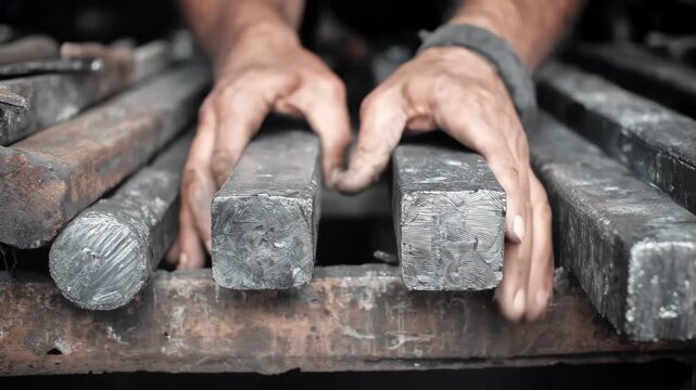 Medium shot showing an artisan handling recycled steel billets emphasizing sustainable practices in the forging industry.