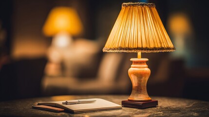 A warm-lit table lamp illuminates a notebook and pen, creating a cozy and inviting workspace ambiance.