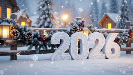 Snowy 2026 new year scene with cozy cabins and festive lighting