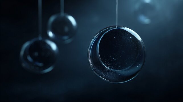 Suspended kinetic spheres with glowing backlight, artistic dramatic composition, high clarity, empty space for headline