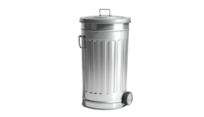 Metallic trash can with lid and wheel, centered on black backdrop