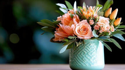 A beautiful floral arrangement in a turquoise vase sits on a wooden table, with a blurred dark background. The arrangement features various flowers in shades of