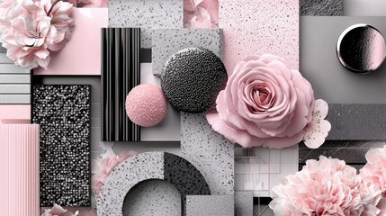 A decorative composition featuring pink roses, geometric shapes, and various textures, creating a visually appealing and artistic arrangement.