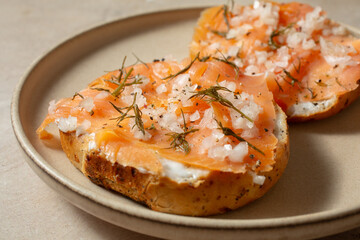 A closeup view of dairy-free, gluten-free lox bagels.