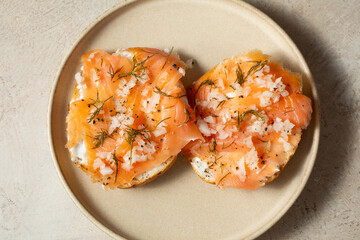 A top down view of dairy-free, gluten-free lox bagels.