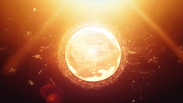 A radiant globe glows with fiery orange light, showcasing intricate landmass details amidst a cosmic backdrop. Surrounding the globe, bright particles swirl, creating a dynamic vis