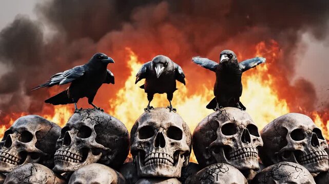 Three crows perched on a pile of skulls with a fiery background, symbolizing death and destruction