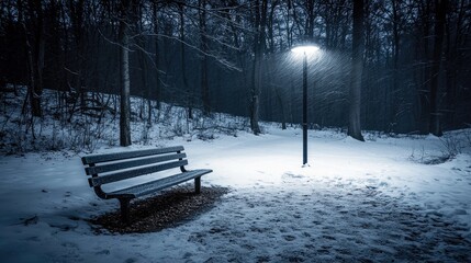 A park bench covered in snow sits beneath a glowing lamp post in a winter forest at night.