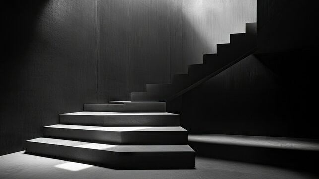 A minimalist black and white image of a staircase ascending into shadow, with dramatic lighting creating a sense of mystery and depth.