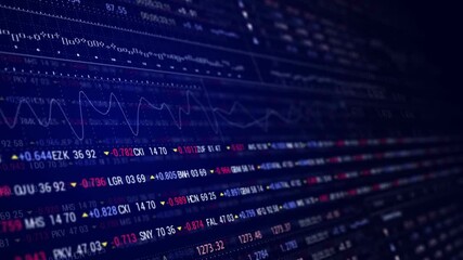 Digital stock market dashboard with financial charts, price quotes, and trading data displayed on a blue background. Business and technological screen - Powered by Adobe