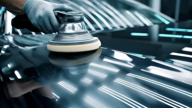 Midshot of an expert using a highspeed buffer to create a reflective surface on vehicle trims highlighting precision and craftsmanship.