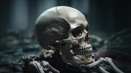 Spooky skeleton emerges from the shadows in a dark, mysterious forest scene perfect for Halloween - Powered by Adobe