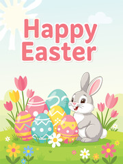Cute Easter Bunny with Colorful Eggs and Spring Flowers in Sunny Meadow