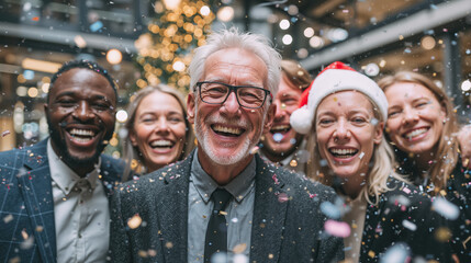 Happy team celebrating New year and christmas with confetti in festive holiday office, corporate party