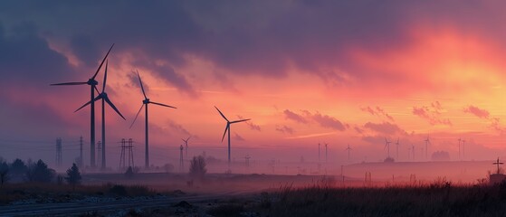 Wind turbines at sunset in misty landscape with dramatic sky and silhouette scenery, panoramic view