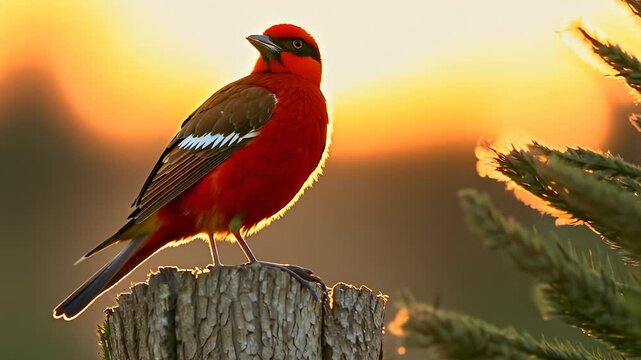 A vibrant red bird perches majestically on a rustic wooden stump, glowing softly against the warm sunset hues. The bird's striking colors complement the peaceful evening scene, enh