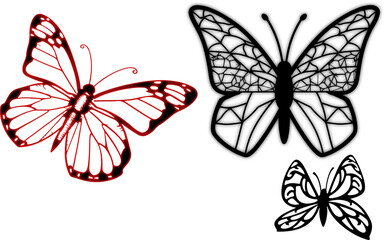 Three Stylized Butterflies in Red and Black Line Art