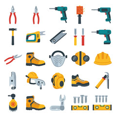 Vector set of construction tools and safety equipment icons.