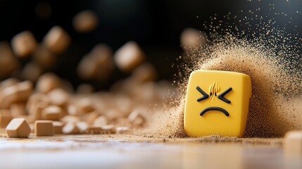 A yellow emoji with a sad face is partially buried in sand, with small cubes and sand particles falling around it, creating a dramatic and emotional scene.