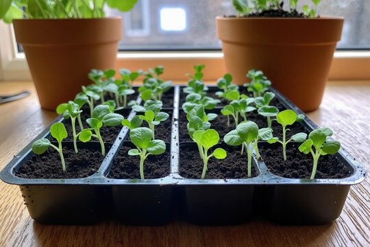 Young green seedlings in black plastic tray on wooden table by sunlit window with potted plants