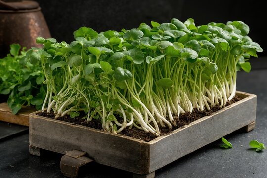 Fresh radish microgreens growing in rustic wooden box on dark background in indoor garden setting