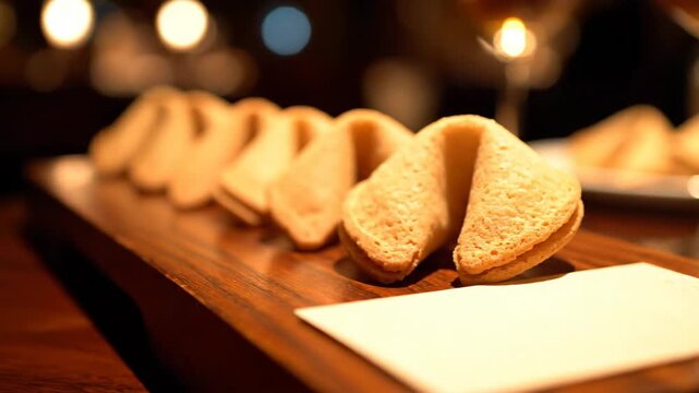 Rows of golden-brown fortune cookies elegantly arranged on a wooden serving tray, offering a moment of anticipation and sweet surprise